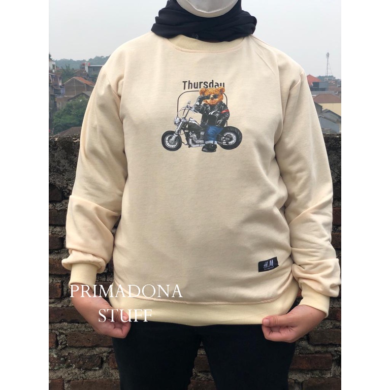 Crewneck sweater wanita pria bahan flece motif beruang keknian L XL XXL