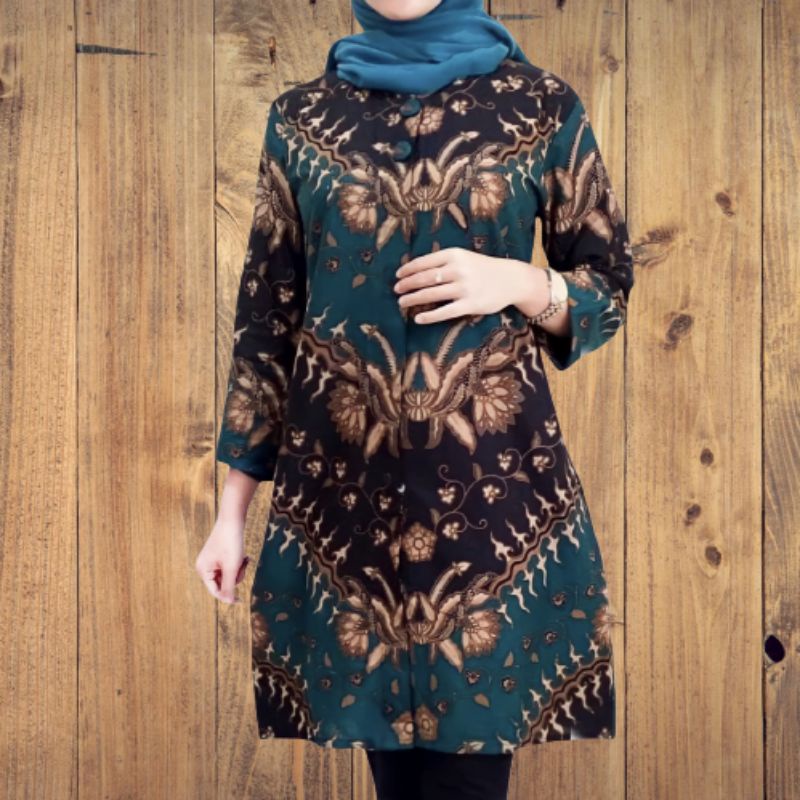 tunik batik pola hijau full kancing original Arta batik super batik wanita busui kancing depan baju 