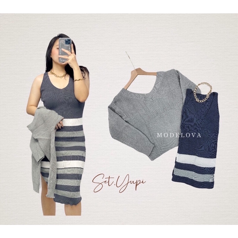 MDLV ~ SET YUPI RAJUT STRIPE SET RAJUT BAJU RAJUT  FASHION WANITA