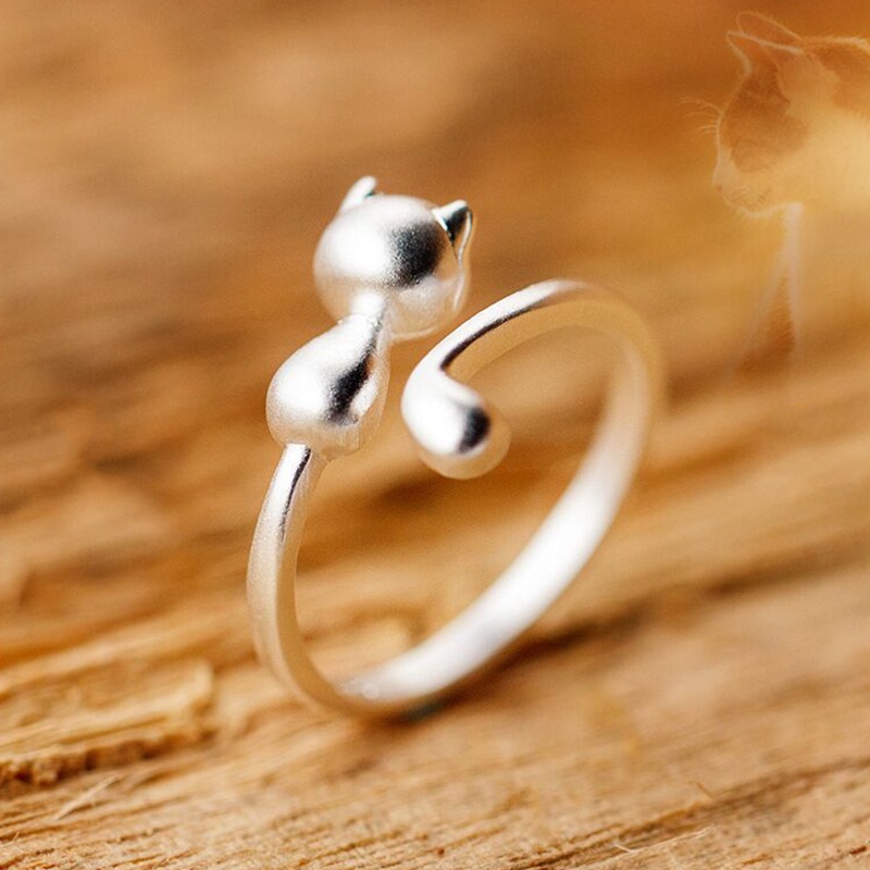 Cincin Wanita Bentuk Kucing Warna Silver Gaya Korea Anti Alergi Adjustable Untuk Pesta