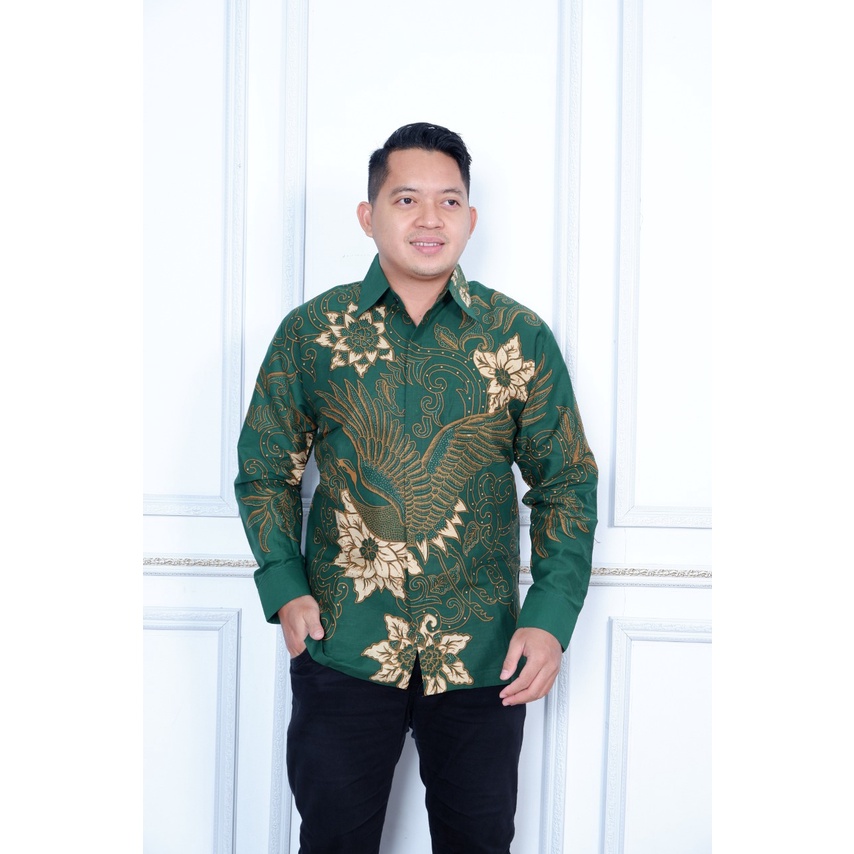 baju batik pria lengan panjang modern  ORIGINAL BAJU PREMIUM KEKINIAN BATIK SOLO MURAH HIJAU BOTOL