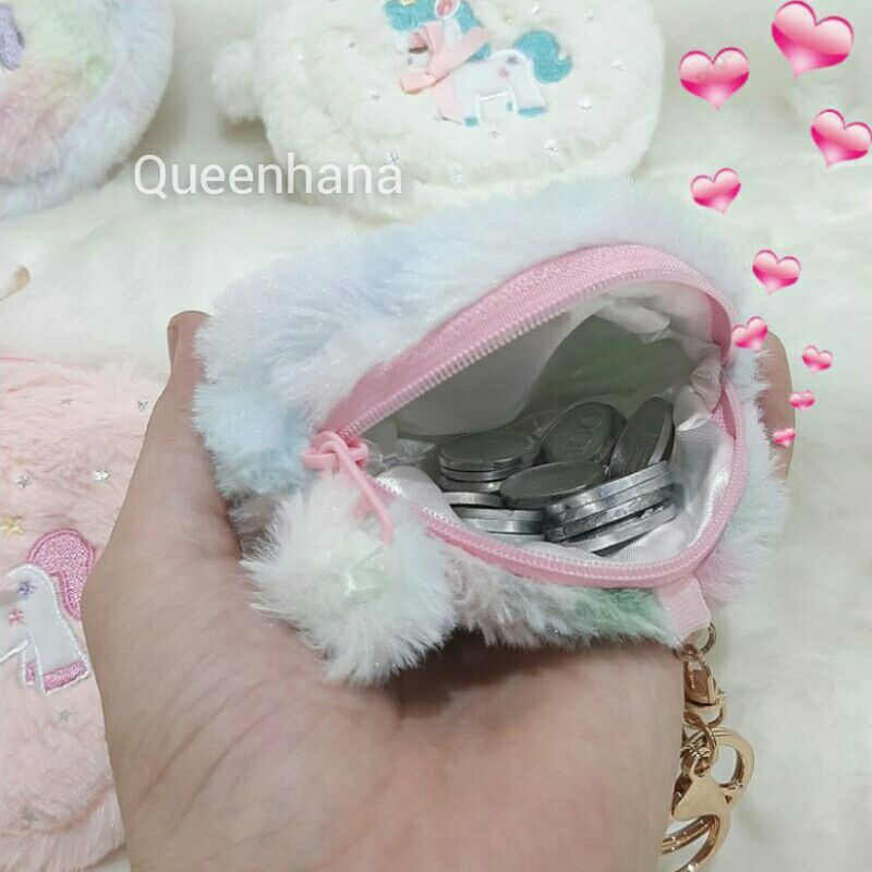 Tempat Coin Bulu Unicorn Gantungan Kunci Dompet Coin Lucu Motif Unicorn