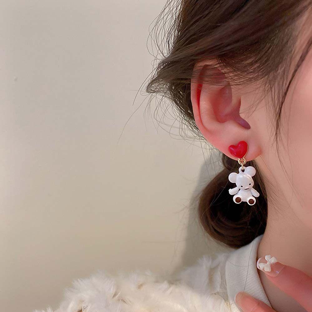 Mxbeauty Bear Stud Earring Minimalis Temperamen Wanita Hitam Kotak Putih Kartun Gadis Gaya Korea Earrings