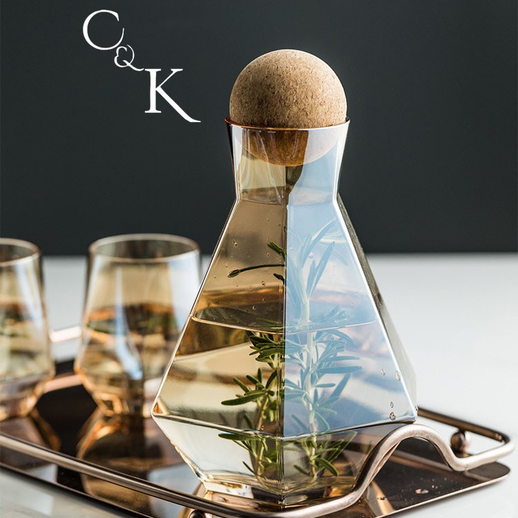 Set Gelas Kaca Hexagon Prisma Mewah / Satu Set Jug Pitcher Gelas Kaca Amber Dengan Nampan / Gelas Wi