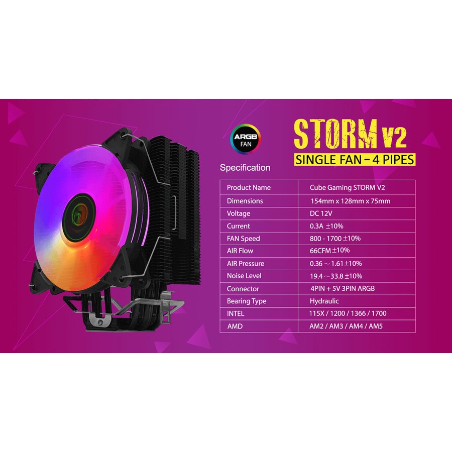 CUBE GAMING STORM V2 - SINGLE FAN ARGB - Universal Socket (AM5 Ready)