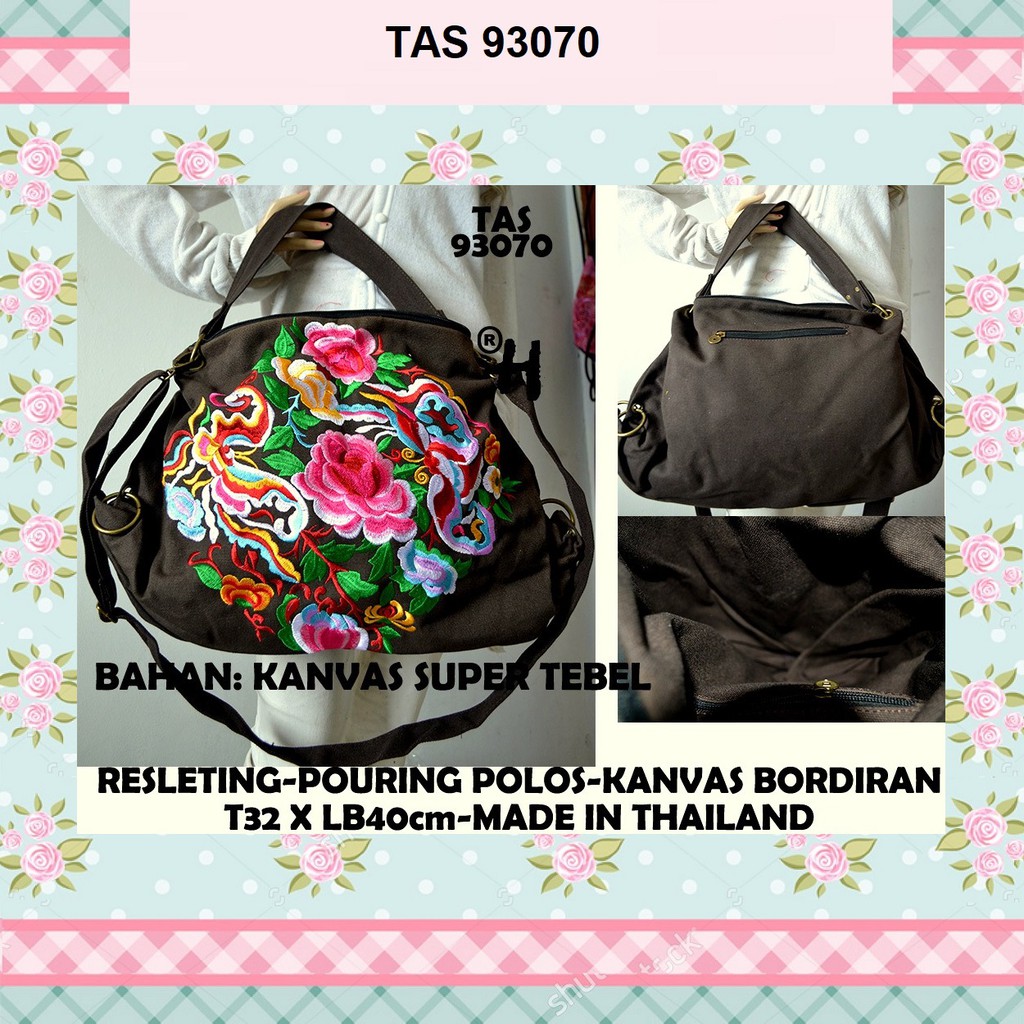 Tas Selempang Kanvas Cewek, Tas Selempang Bordiran Motif Bunga Import Bangkok Thailand
