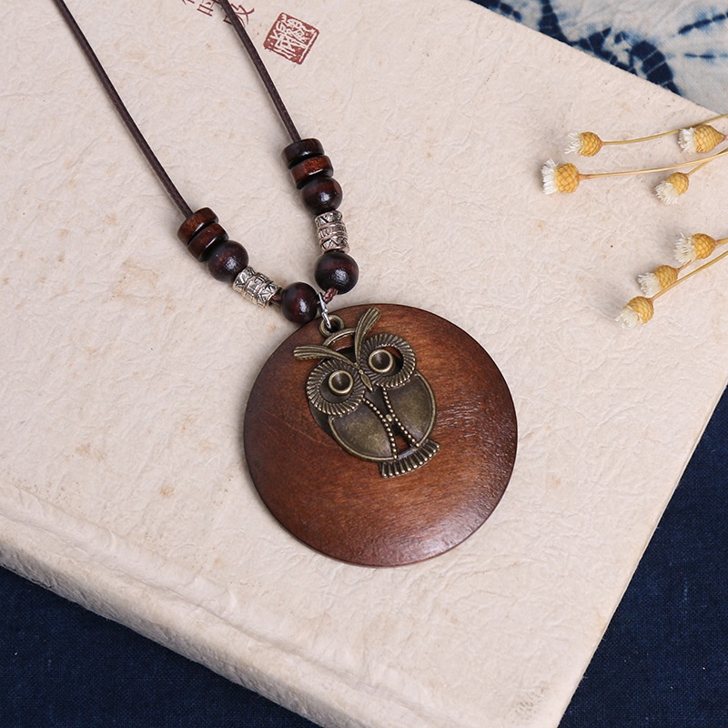 Retro Ethnic Style Beaded Wood Chip Hollow Clock Owl Long Lucky Sweater Chain Necklace Jewelry Gift