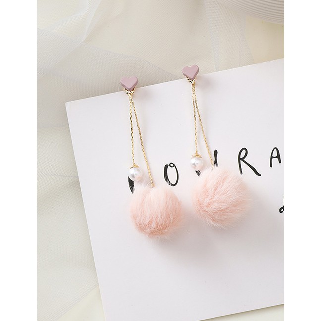 LRC Anting Tusuk Fashion 925 Silver Needle Tassel Hair Ball Pearl Pompom Heart Earrings D59710