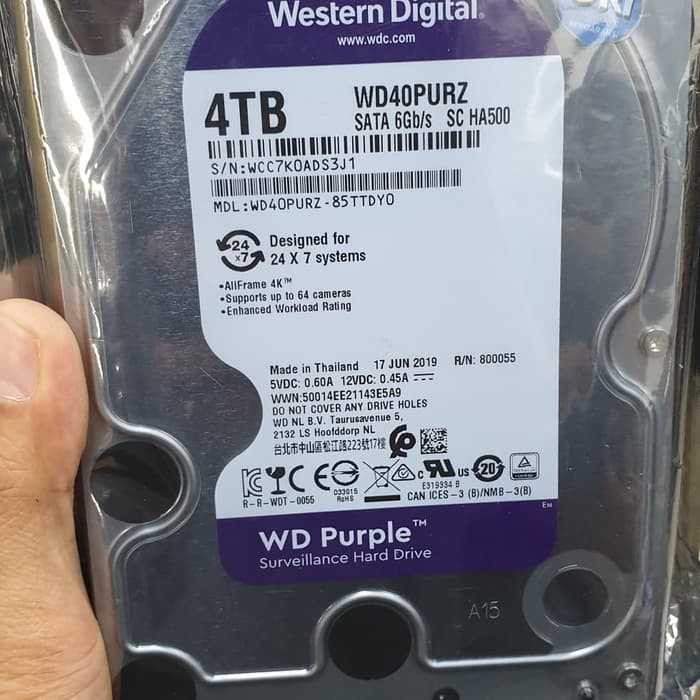 HDD HARDDISK WD / WDC PURPLE CCTV SATA3 4TB 5400RPM WD40PURX