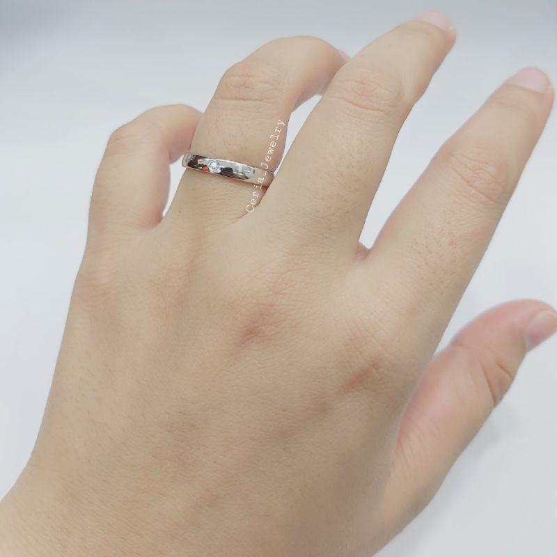 Cincin Perak Asli Pria Wanita Silver 925 Lapis Emas Putih Model Cincin Polos 1 permata, Cincin Pasangan, Cincin Tunangan, Cincin Couple - Perhiasan Perak Asli