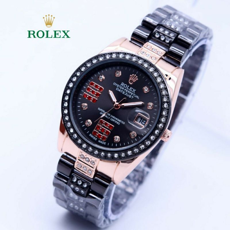 Jam Tangan Rolex 69 Datejus Ring Diamond Super Mewah - Jam Tangan Wanita Rolex - Hitam Rosse Gold