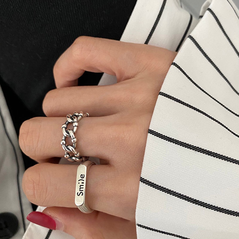 YEEZII 2pcs / Set Cincin Model Rantai Silang Geometris Terbuka Dapat Disesuaikan Warna Silver Untuk Wanita