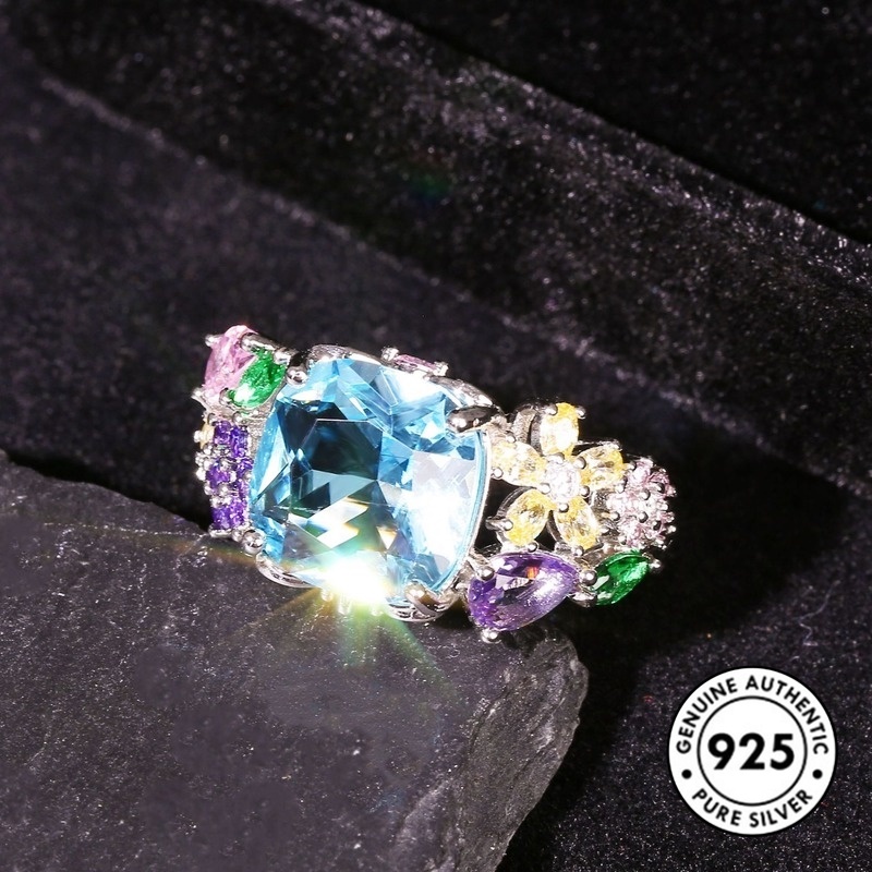 Cincin Silver S925 Aksen Batu Permata Bentuk Persegi Warna-Warni
