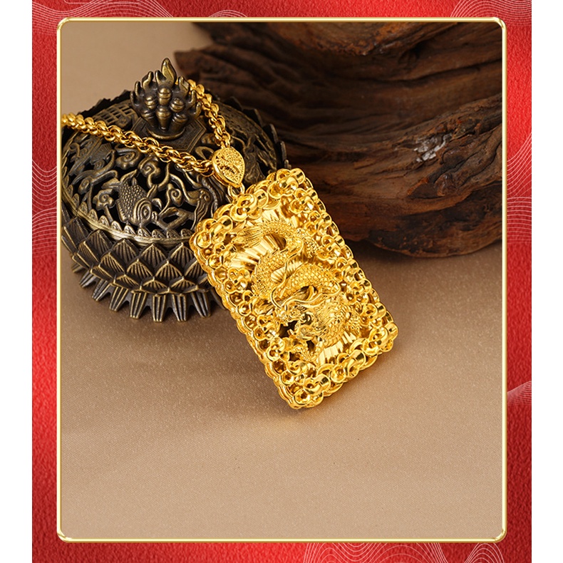 Liontin Bentuk Kotak Desain Naga Lapis Emas Asli Kadar 375 Gaya Bangkok Untuk Pria