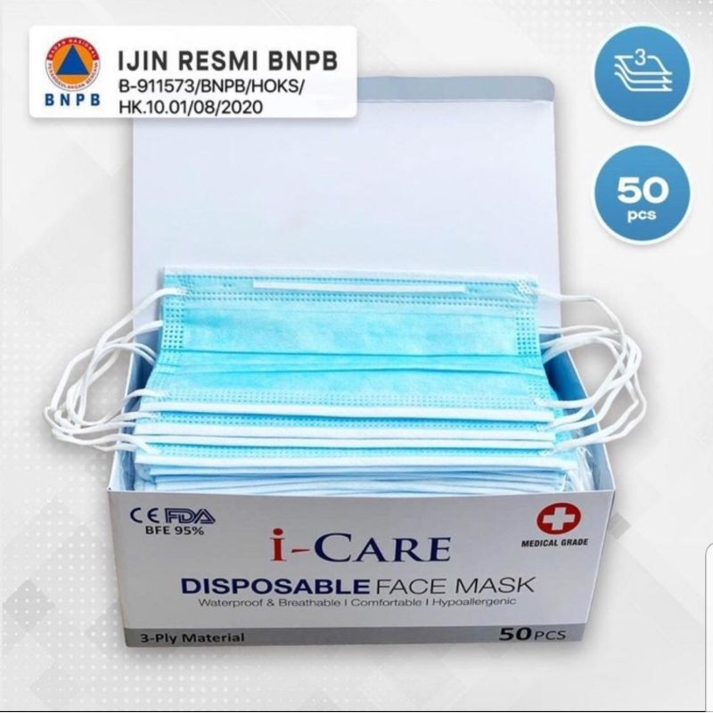Masker Medis 3ply I-Care isi 50pcs / Izin BNPB