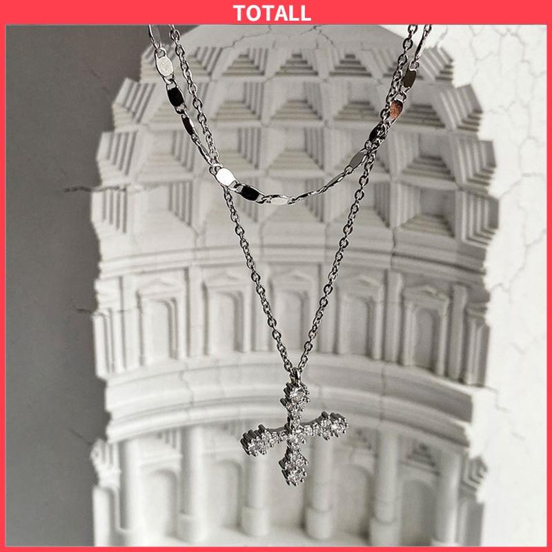 COD Hip Hop Cross Double Layer Necklace Feminin Fashion Micro Inlaid Zircon Pendant-Totall