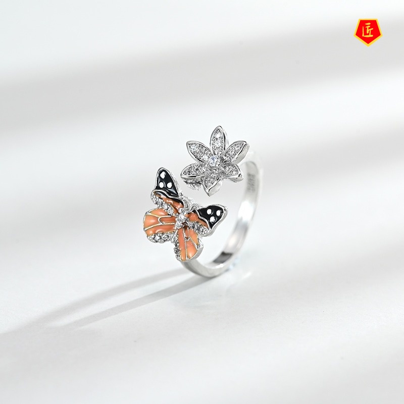 [Ready Stock]New Fashion Flower Butterfly Ring Luxury Full-Jeweled Stud Earrings Set