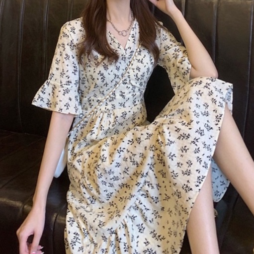 V Neck Short Sleeve A Line Floral Midi Dress 2854 (S/M/L)