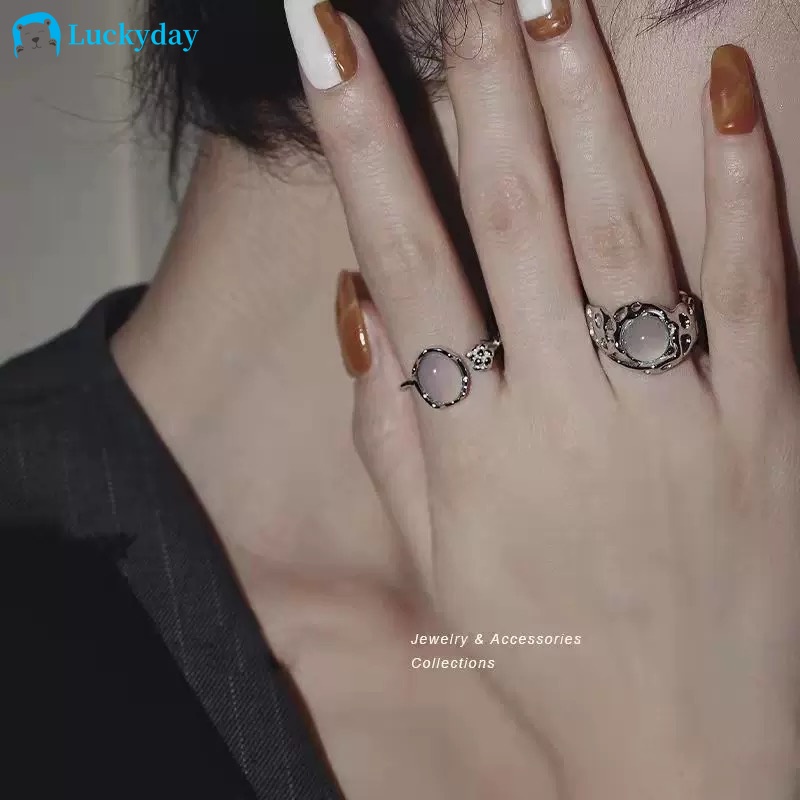 YEEZII Cincin Model Terbuka Warna Silver Hias Opal Untuk Wanita