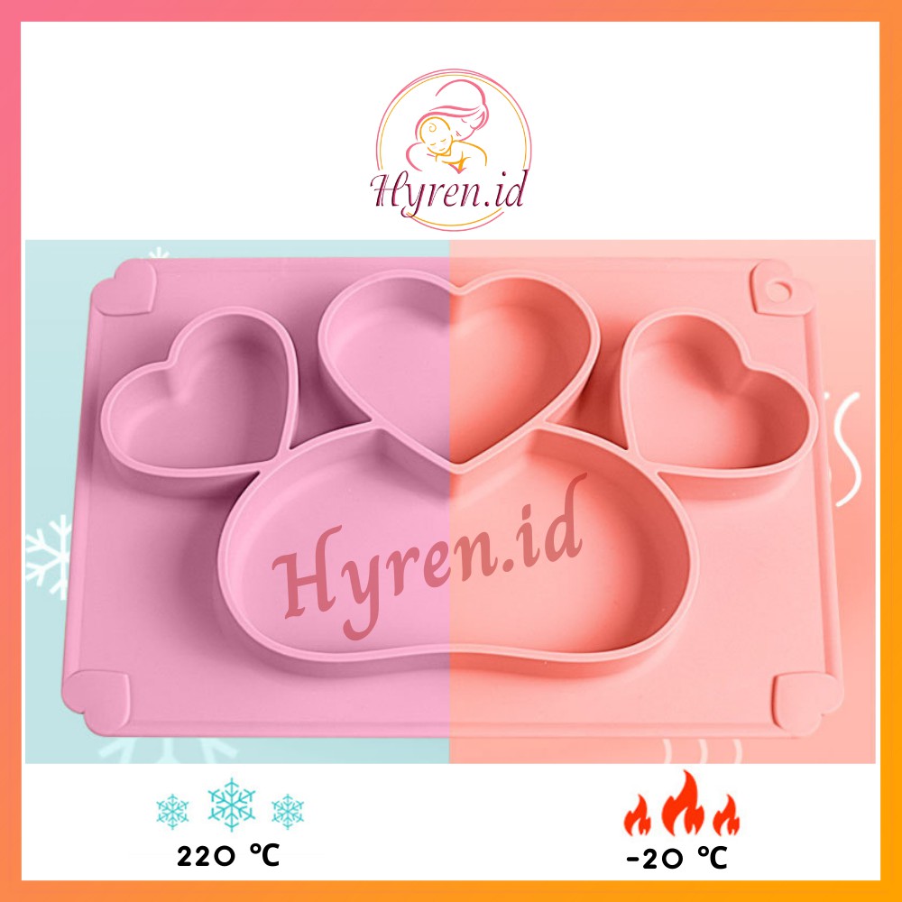 Hyren.id S15 Silicone Feeding Set Piring Bayi Suction Love Sendok Garpu Tempat Makan Silikon Anti Slip Tumpah Hati Heart Baby Plate Premium Balita Anak Lucu Cute Kartun Pink Green Hijau