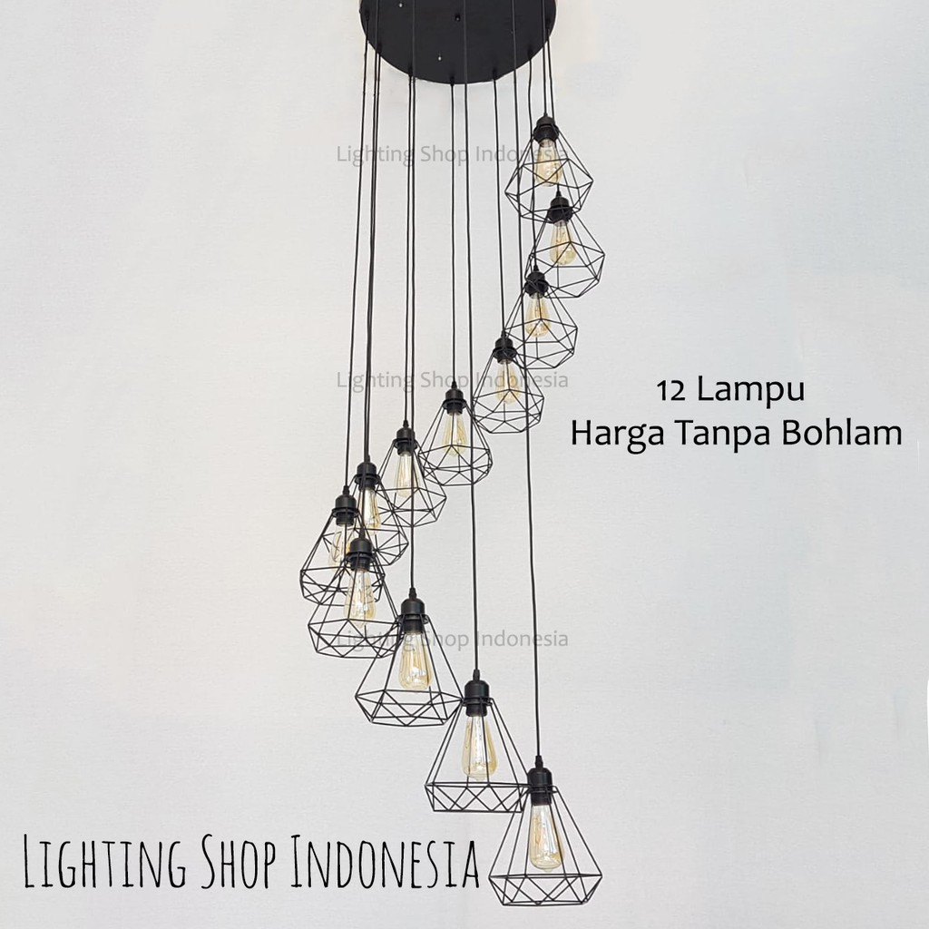 Lampu gantung void tangga 12in1 hitam gold minimalis 12 lampu model diamond
