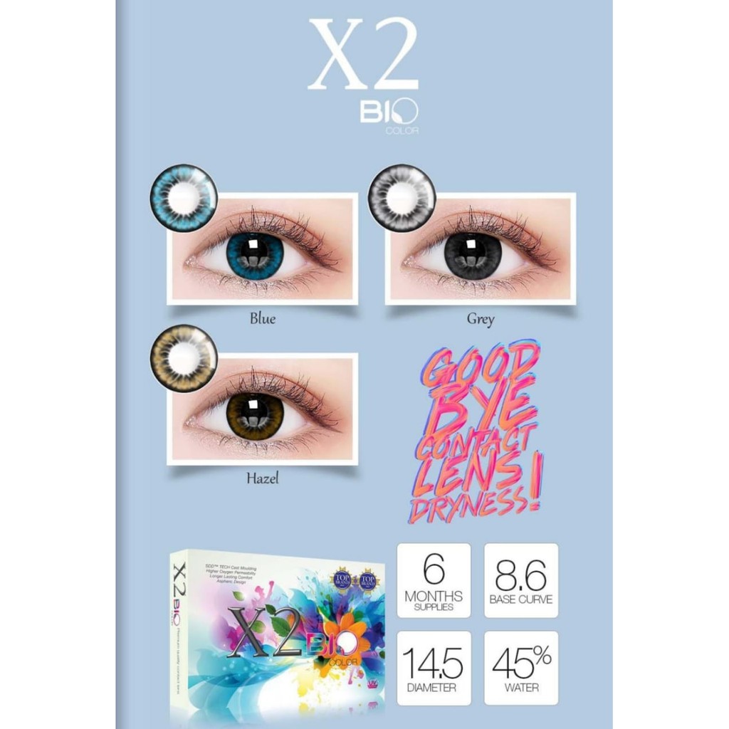 Softlens X2 BIO COLOR DIA 14.50mm NORMAL &amp; MINUS GREY HAZEL BLUE (-0.50 S/D -3.00) GRAY / Lensa  Kontak/BS