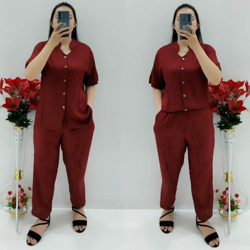 CNC - Stelan Baju Wanita Terbaru/Stelan Lengan Pendek CP Rayon Polos Model 003 Standar Dan Jumbo