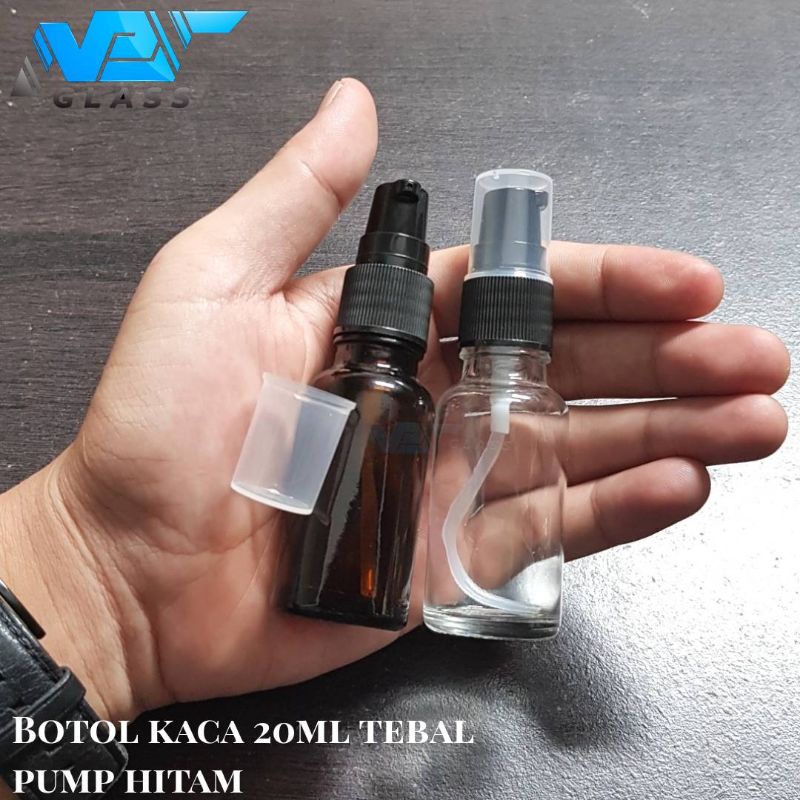 botol kaca 20ml amber pump hitam / botol kaca 20ml tebal tretment pump