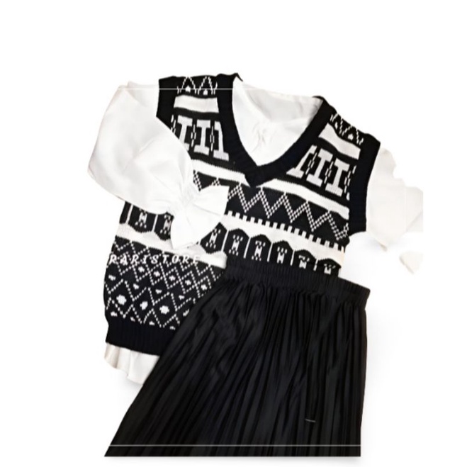 [ READY STOCK ] MINA SET 3 IN 1 VEST RAJUT + BLOUSE + ROK PLISKET SETELAN BAJU WANITA