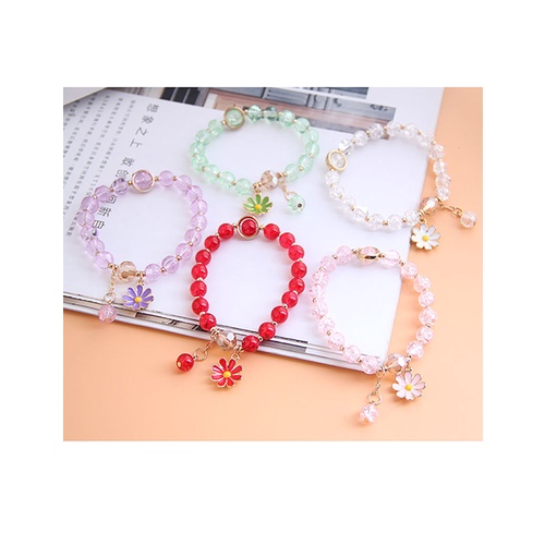 LRC Gelang Tangan Fashion Watermelon Red Dropped Oil Small Daisy Pendant Crystal Bead Bracelet