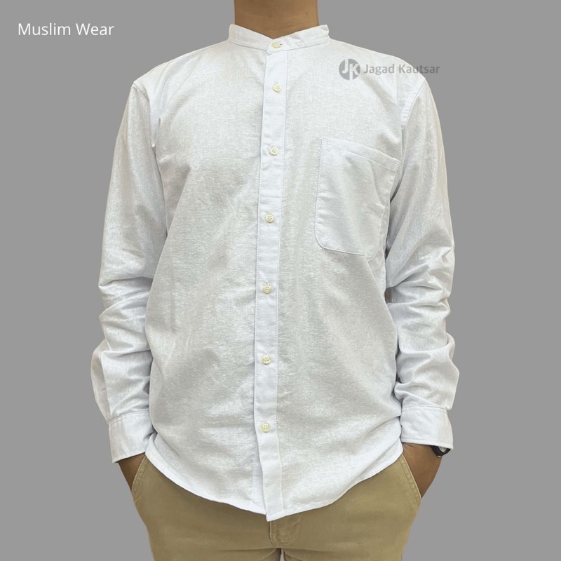 Baju muslim pria, baju muslim kerah shanghai, baju muslim lengan panjang-Putih