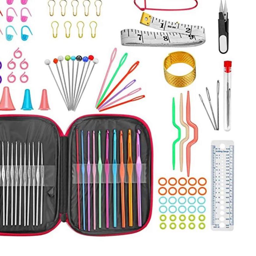 ➱ 100 pcs/ Set Alat Rajut Set Jahit Jarum Rajut Bonus Tas Kulit Cantik Premium / Hakpen Set / Jahit