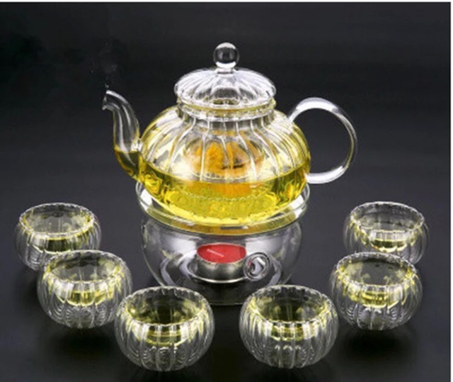 8pcs double layer glass tea set ( 1 teapot + teapot stand + 6 double layers glass cups)