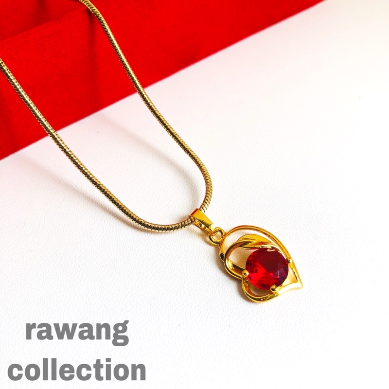 kalung titanium gold bulat plus liontin love permata merah