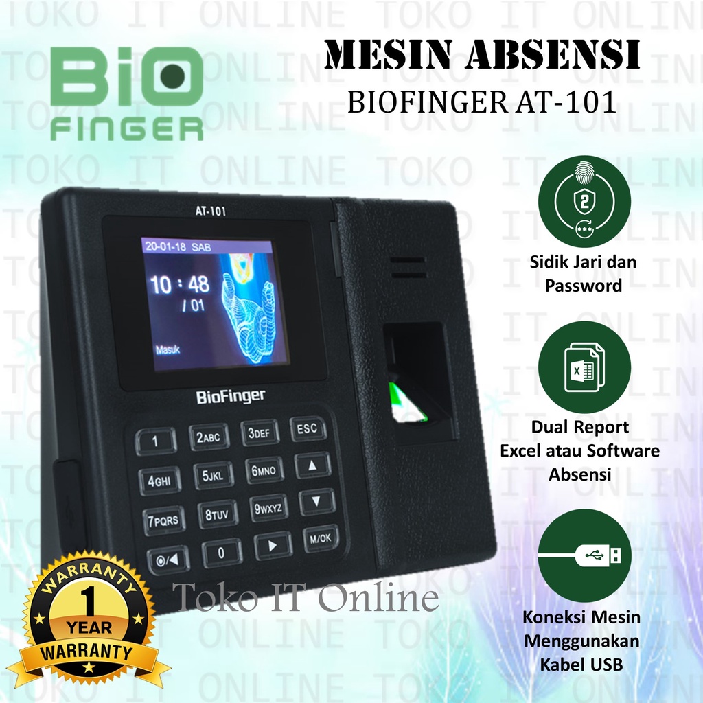 BIOFINGER AT-101 MESIN ABSENSI SIDIK JARI ID PASSWORD INTERFACE USB KABEL DAN FLASHDISK