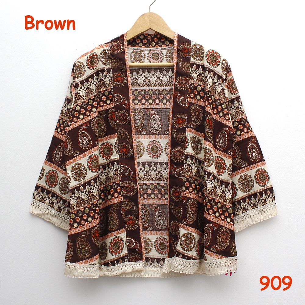 𝑱𝒂𝒌𝒂𝒓𝒕𝒂𝑭𝒂𝒔𝒉𝒊𝒐𝒏 cardigan outer batik tribal katun adem rumbai sisir keliling bohemian etnik boho styleO-909 brown