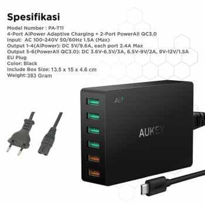 PA-T11 Aukey QC 3.0 Travel Wall Charger 6-USB Port - Dual Port QC 3.0