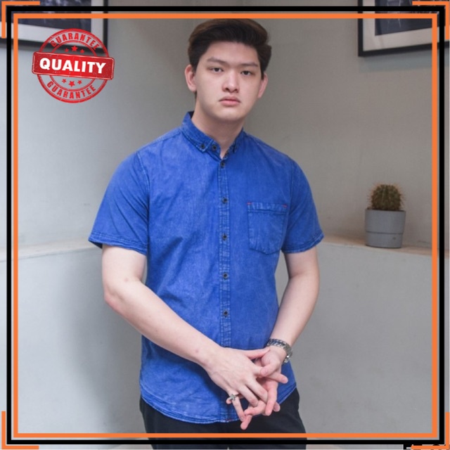 FIDELSHIRTSTORE EE-03 Short Jeans Sky Blue Washed | Kemeja Denim Pendek Biru Muda  | Kemeja Levis Sl