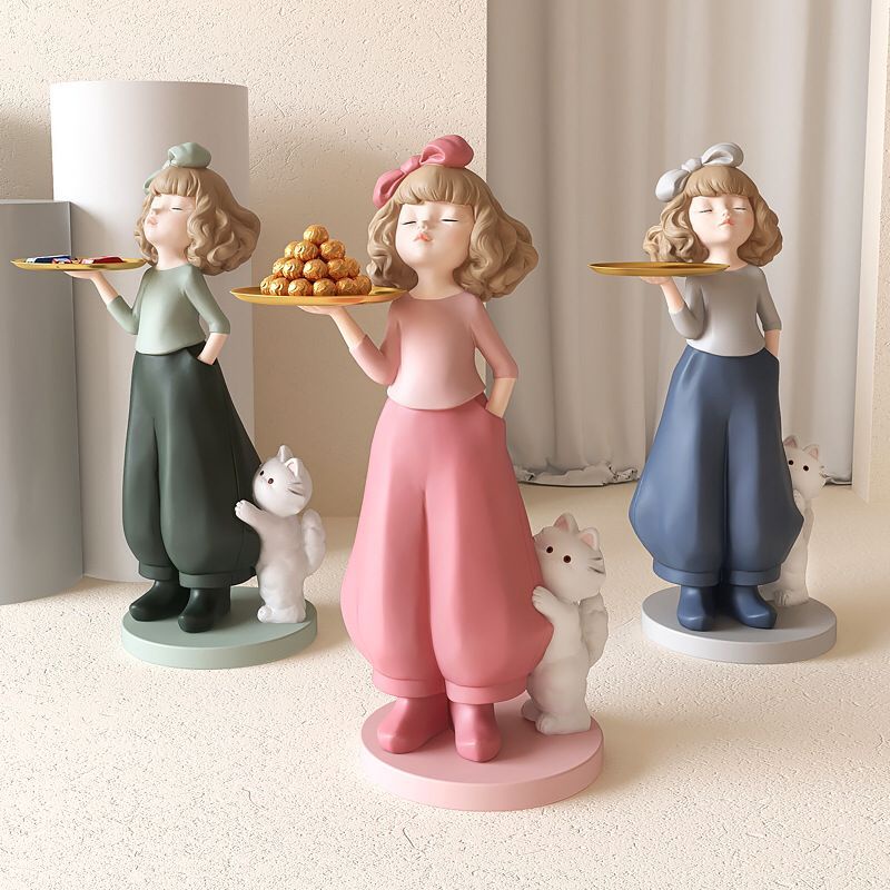 Dekorasi, hiasan patung boneka & kucing dengan tray emas