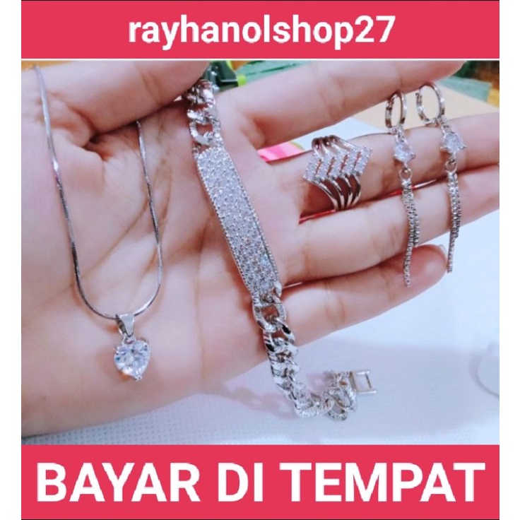 SET PERHIASAN WANITA TITANIUM MOTIF PERMATA PLAT PILIHAN WARNA SILVER