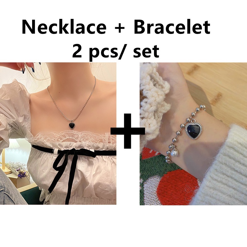 2 Pcs/ Set Set Korean Version Black Love Pearl Necklace Bracelet Female Student Fashion Temperament Couple