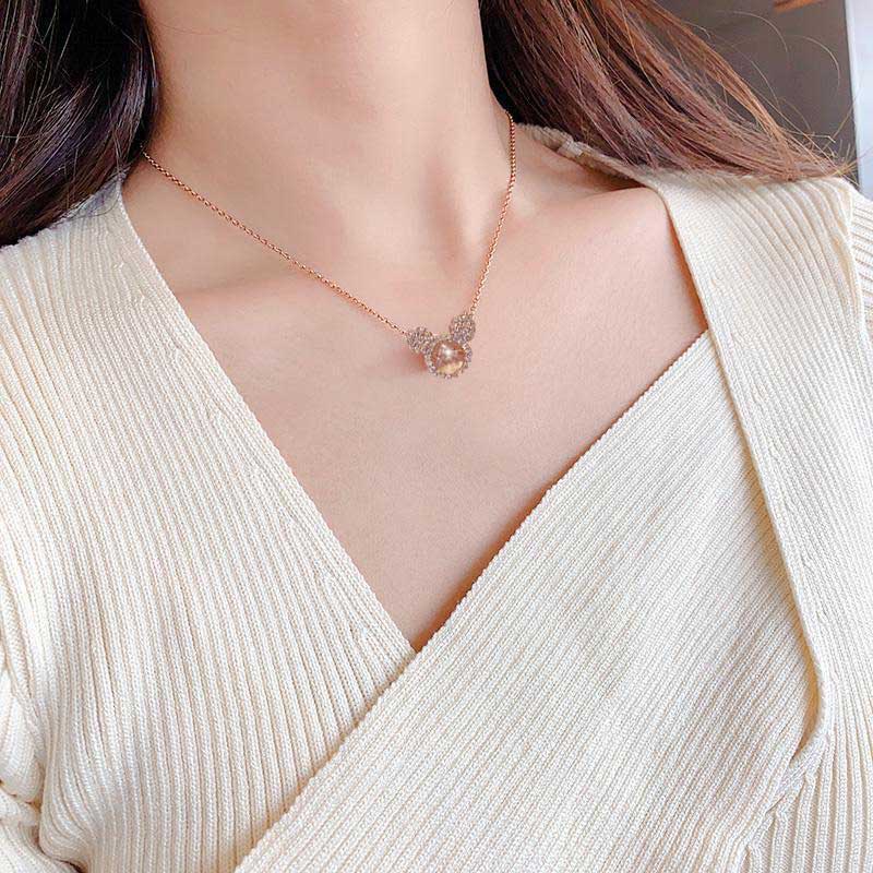 XiaoboACC Kalung Rantai Liontin Mickey Mouse Lapis Emas 18K Hias Batu Zircon Ala Korea Untuk Wanita 38CM+6.0CM