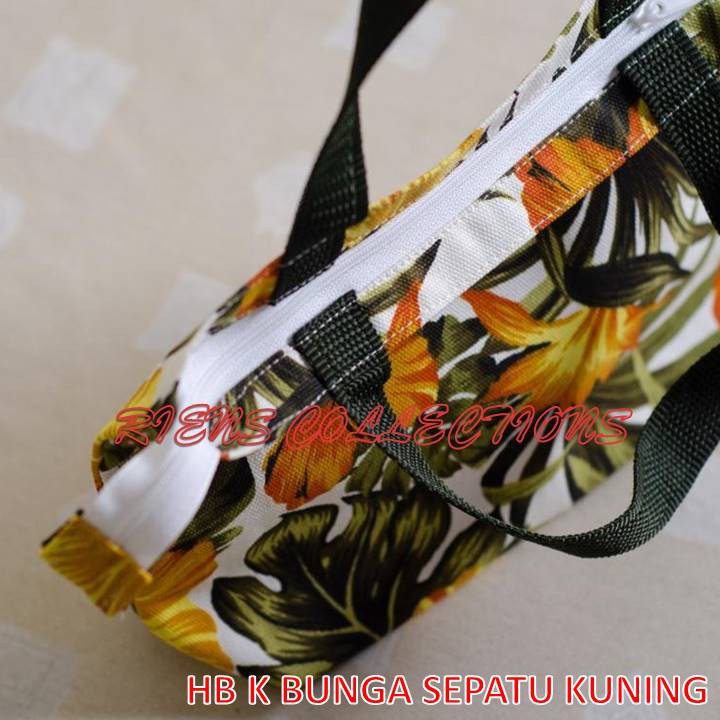 RIENS COLLECTIONS. HANDBAG KECIL BAHAN KANVAS MOTIF BUNGA SEPATU KUNING. TAS SOUVENIR JOGJA. OLEH OLEH JOGJA