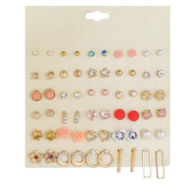 LRC Anting Set Fashion Color Mixing Flower Studded Pearl Alloy Stud Set 30 Pairs