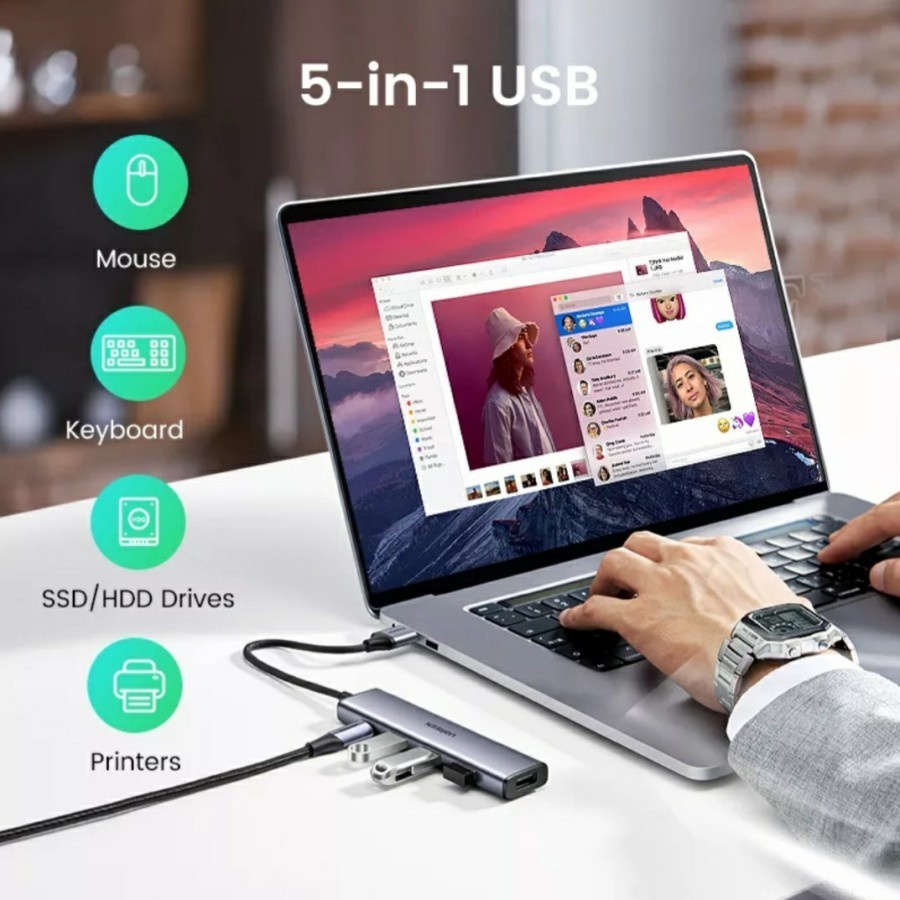 UGREEN USB Hub Kepala Adapter Adaptor 5in1 USB 3.0 Type C Laptop Macbook iPad Pro CM473 20805