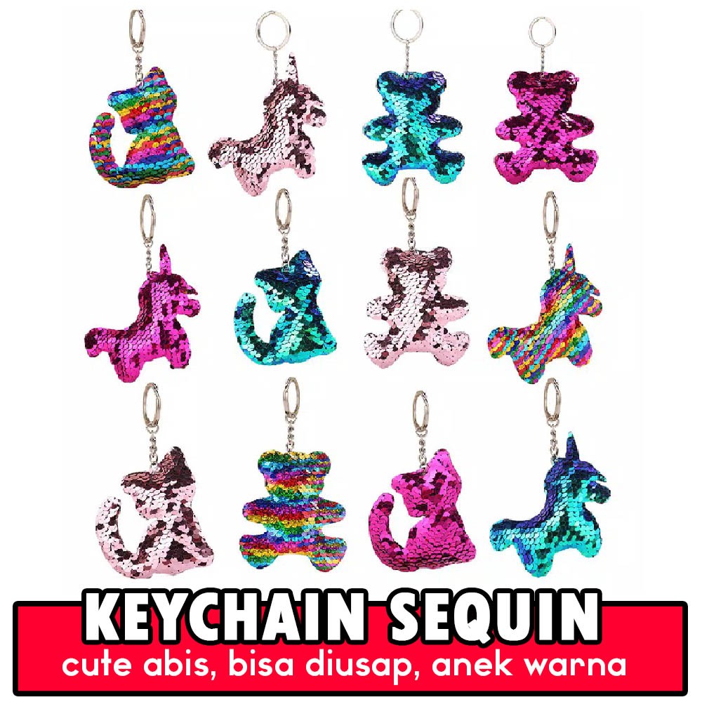 Gantungan tas kunci keychain sequin flip lucu