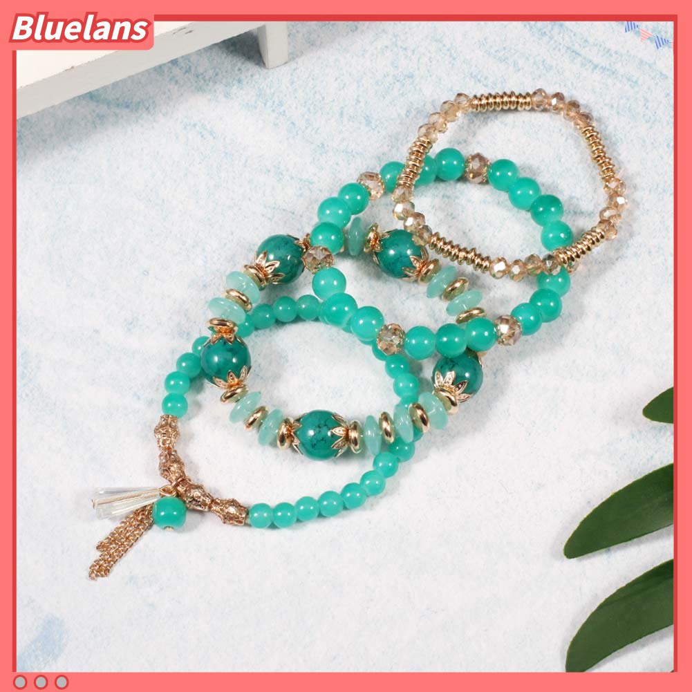 Bluelans 4Pcs Boho Faux Agate Pearl Tassel Chain Charm Beaded Bracelet Women Jewelry