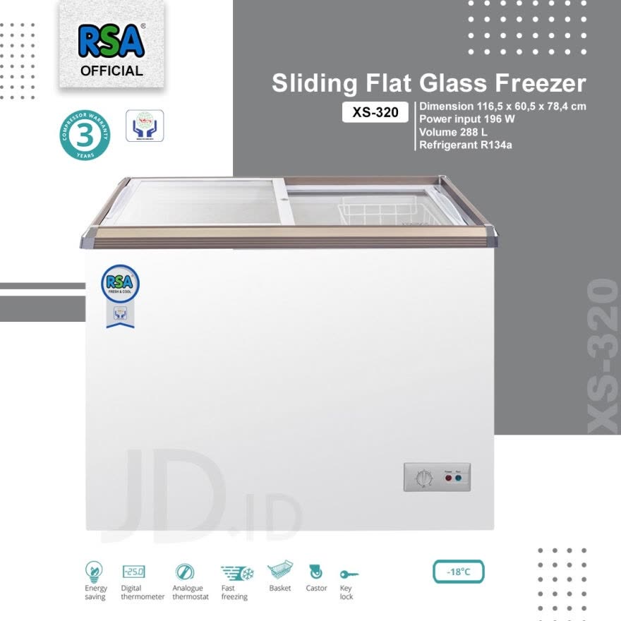 CHEST FREEZER RSA XS 320 CHEST FREEZER BOX 288L LEMARI PEMBEKU 288 LITER FREEZER KACA