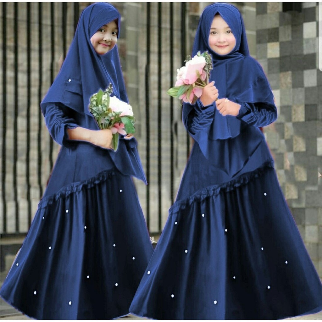 KIDS KARISMA BAHAN NAVY FULL BALOTELLY APLIKASI MUTIARA TO FIT LD 84  PJ 100 UNTUK UMUR 8-10 TH