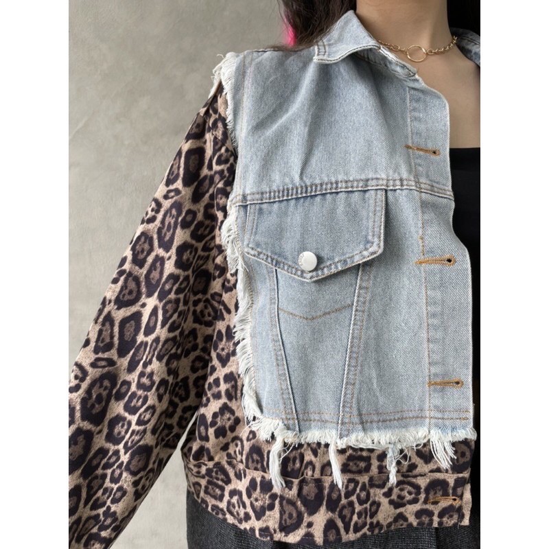 JAKET JEANS IMPORT WANITA ASIA KOREA JEPANG COMBAIN LEOPARD AM4